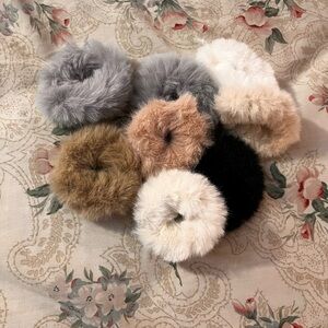 8 Fuzzy Hair Scrunchies Set - Neutral Tones